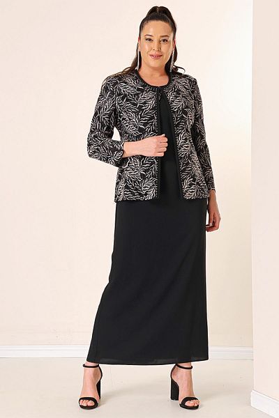 By Saygı Long Dress with Bead Embroidery on the Collar and Beaded Sequin Embroidery Jacket Lined Large Size 2-Piece Set
