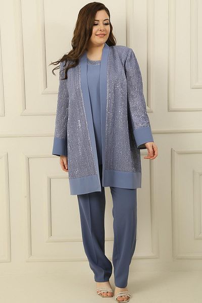 By Saygı Plus Size 3-Piece Set with Sequin Detailed Jacket Blouse and Trousers