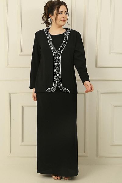 By Saygı Sleeveless Lined Long Dress Front Gilded Sequin Jacket Large Size Crepe 2-Piece Set