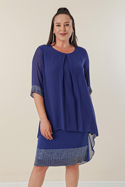By Saygı Plus Size Short Dress with Chiffon Top and Bead Detail on the Sleeve and Hem