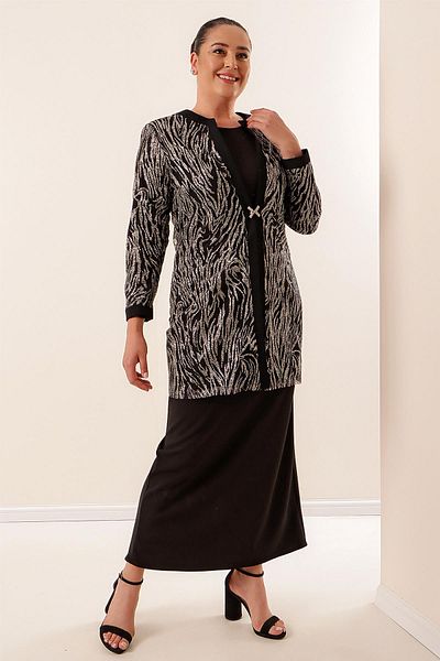 By Saygı Glitter Sequin Jacket Lycra Long Dress Plus Size Set of 2