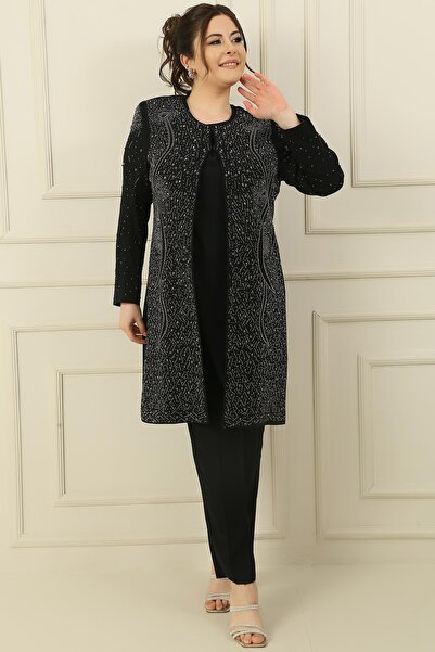 By Saygı Inner Sleeveless Blouse Stone Printed Lined Long Jacket Tight Leg Pants Large Size 3-Piece Set