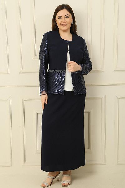 By Saygı Bluse mit Halbmondärmeln, Paillettenstickerei, Perlendetails, Jacke und Rock, gefüttert, große Größe, 3-teiliges Set