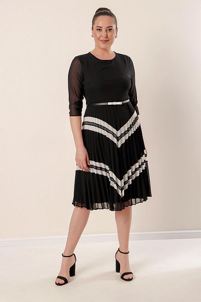 By Saygı Pleated Plus Size Chiffon Dress with Waist Belt Lining