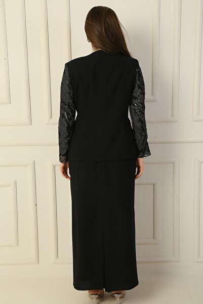 By Saygı Inside Half Moon Sleeve Blouse Sequin Embroidery Bead Detailed Jacket Skirt Lined Large Size 3-Piece Set