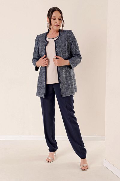 By Saygı Long Jacket with Stone Embroidered Pants B.B. Triple Set