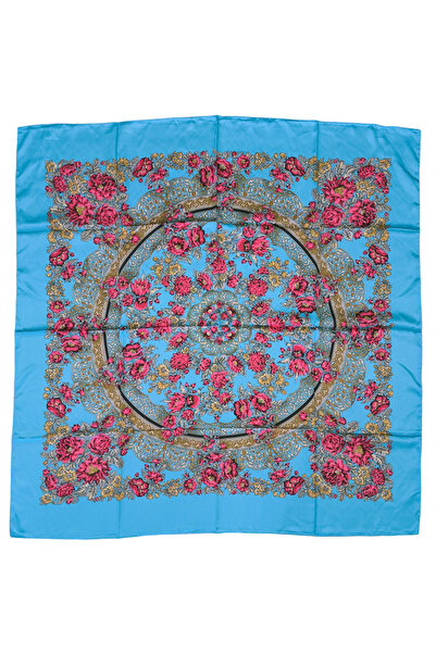 TikiTonki Çiçek Desenli Turkuaz Bohem Saten Eşarp - 90x90