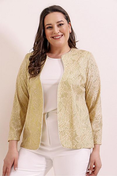 By Saygı Plus Size Lycra Floral Print Glitter Jacket - Set of 2