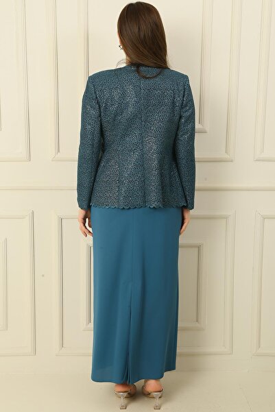 By Saygı Σετ 2 Τεμαχίων με Πέτρινο Γιακά Φόρεμα Μακρύ Κρεπ Παγιέτες Μπουφάν Plus Size 2 Τεμάχια