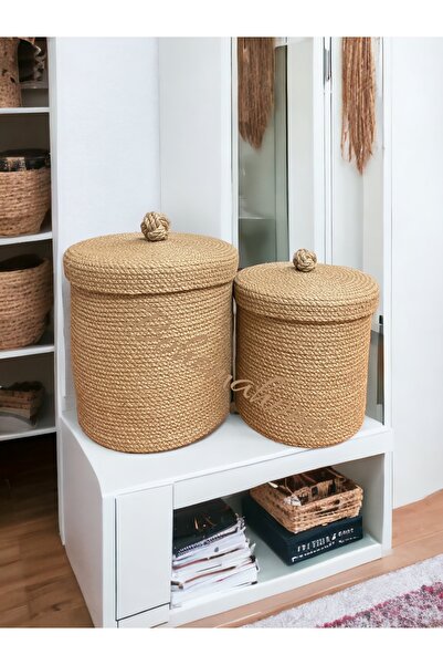 Bohemahomedecor Διακοσμητικό καλάθι οργάνωσης με καπάκι από ψάθινη γιούτα