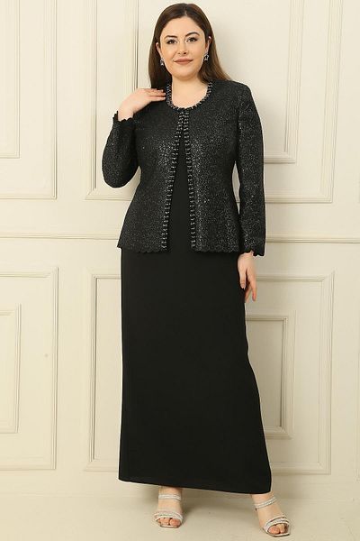 By Saygı 2-teiliges Set mit Kragen, Steinfutter, langem Kreppkleid und Paillettenjacke in Übergröße