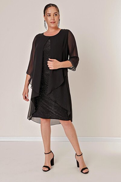 By Saygı Stone Detailed on the Front and Sleeve Ends and Chiffon Top B.B. Lycra Dress