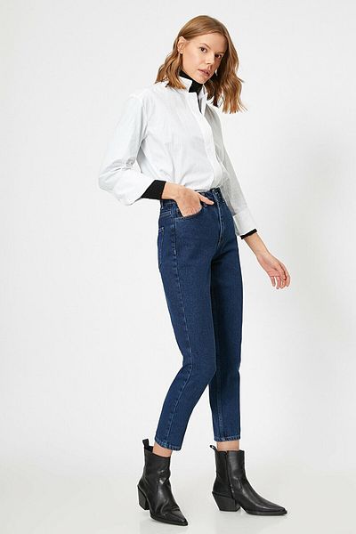 DRC trend Blugi Mom Lersa Albastru Inchis Pantaloni Mom Denim Albastru Lycra Talie Inalta