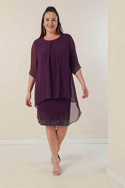 By Saygı Plus Size Short Dress with Chiffon Top and Bead Detail on the Sleeve and Hem