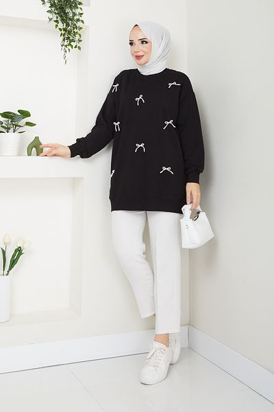 MOONSC Black Tunic with Pearl Bow Detail