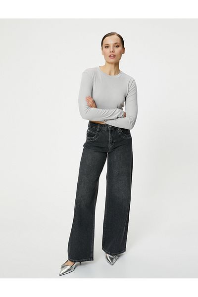 Koton Crop Long Sleeve T-Shirt Crew Neck Viscose