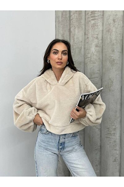 momchi Premium Kadın Kürk Yakalı Peluş Sweatshirt Hoodie Kapüşonlu - Şık Tasa...
