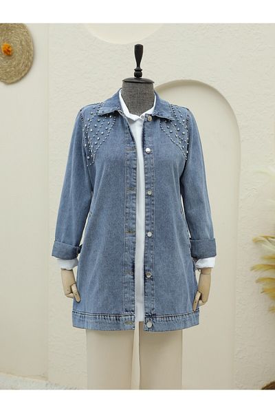 Modamorfo Eisblaue Jeansjacke – Knopfleiste und Taschen, große Steindetails