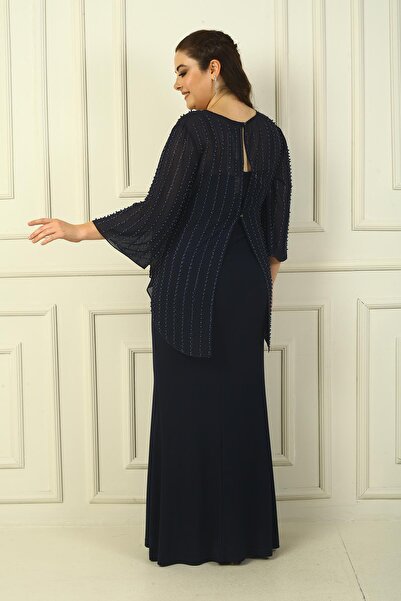 By Saygı Μπλούζα σιφόν με χάντρες και μακρύ αμμώδες φόρεμα - Σετ με σχοινί και κουμπιά στην πλάτη 2 τεμαχίων