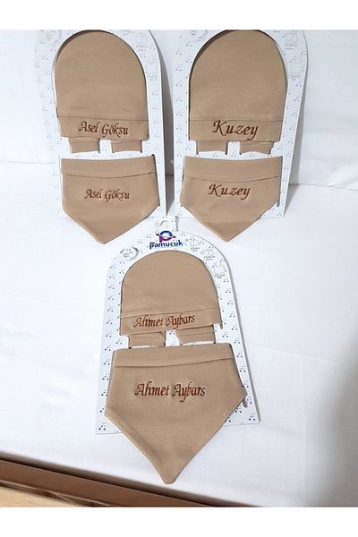 bebek iklimi Name Embroidered Beret Brown Newborn Set (Gloves and Drool Bib)
