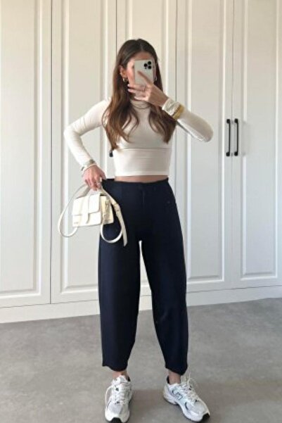 Mossta Navy Blue High Waist Crepe Trousers