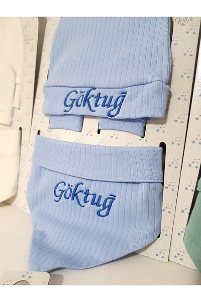 bebek iklimi Beret Blue Name Embroidered Newborn Set - Gloves and Drool Bib