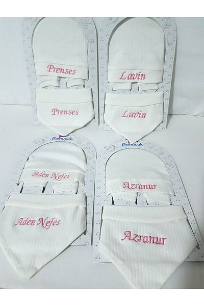 bebek iklimi Name Embroidered Beret White Newborn Set (Gloves and Drool Bib)