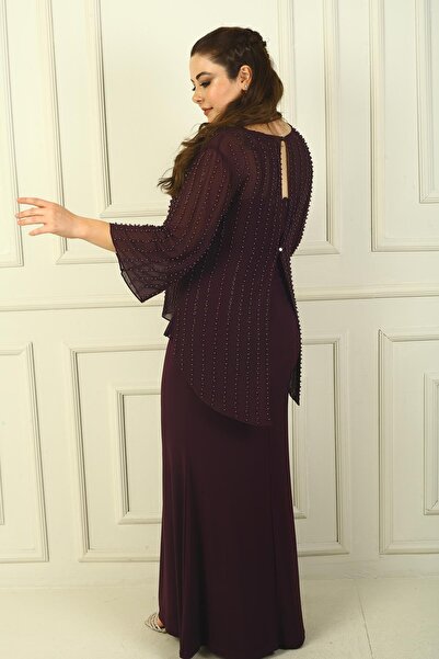 By Saygı Plus Size Beaded Chiffon Blouse and Long Sandy Dress - Rope Strap and Buttoned Back 2-Piece Set