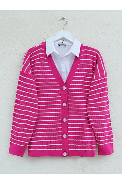 Modamorfo Geknöpfter Strick-Cardigan mit Steindetails – Fuchsia