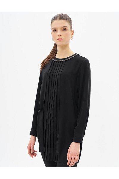 Kayra Crew Neck Tunic - Ribbed Detail, Black