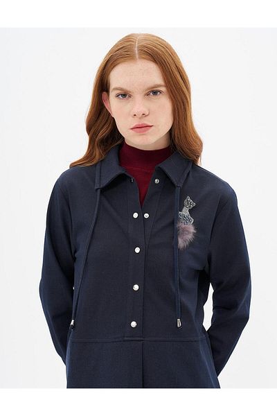 Kayra Navy Blue Denim Tunic with Brooch and Half Snap Closure