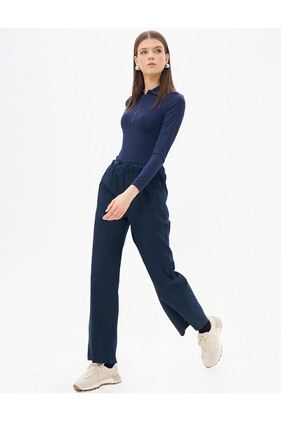 Kayra Elastic Waist Garnished Trousers Dark Navy