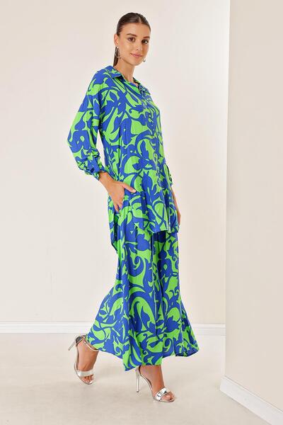 By Saygı Elastic Waist Pocketed Skirt Pants Long Shirt Shawl Patterned Oversize Set of 2