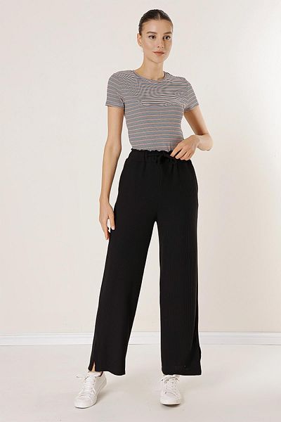 By Saygı Knitted Trousers with Elastic Waist, Side Slits and Pockets