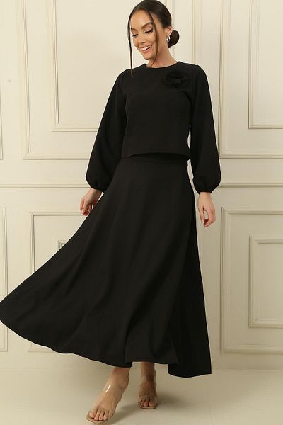 By Saygı Rose Detailed Sleeves Gathered Blouse Flared Skirt 2-Piece Set