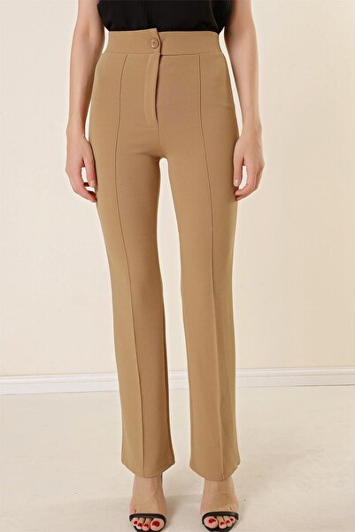 By Saygı High Waist Knitted Crepe Patchwork Palazzo Trousers Mink