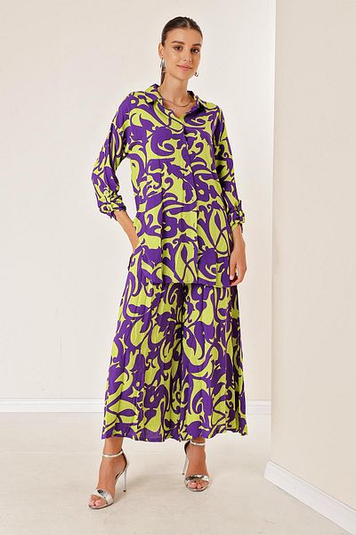 By Saygı Elastic Waist Pocketed Skirt Pants Long Shirt Shawl Patterned Oversize Set of 2