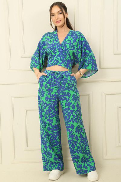 By Saygı Fata Spate Decolteu in V mânecă liliac bluză Buzunar cu talie elastică Pantaloni Palazzo cu model floral Set 2 piese