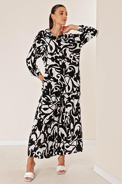 By Saygı Elastic Waist Pocketed Skirt Pants Long Shirt Shawl Patterned Oversize Set of 2