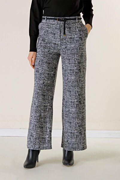 By Saygı Elastic Waist Belt Side Pocket Broken Glass Patterned Palazzo Trousers