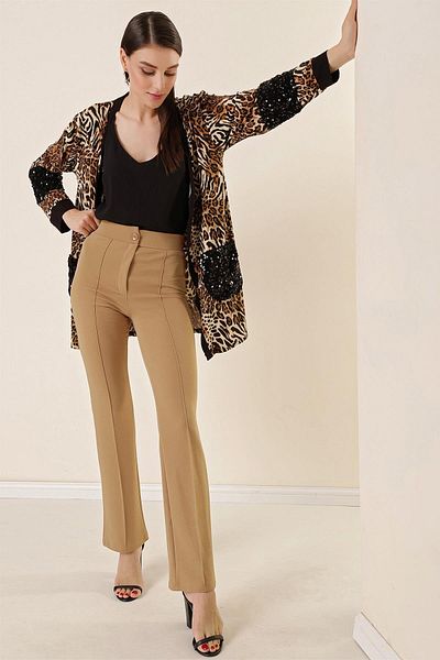 By Saygı Pantaloni Palazzo Patchwork Crepon Tricotati Talie Inalta Vizona