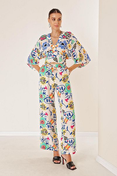 By Saygı Elastic Waist Pocket Palazzo Trousers Front Back V Neck Crop Floral Double Suit
