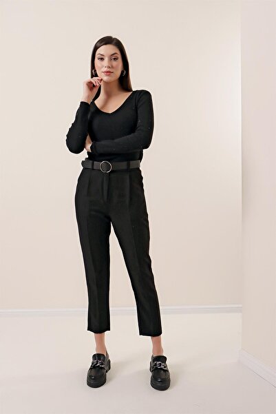By Saygı Elastic Waist Belted Wool Effect Trousers