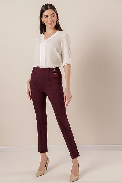 By Saygı Striped Lycra Trousers with Side Pockets and Button Accessories