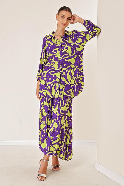 By Saygı Elastic Waist Pocketed Skirt Pants Long Shirt Shawl Patterned Oversize Set of 2