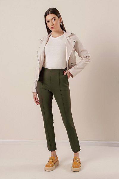 By Saygı Striped Lycra Trousers with Side Pockets and Button Accessories