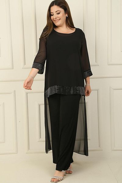 By Saygı Plus Size Chiffon Lycra Jumpsuit - Stone Detailed