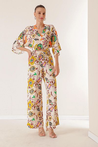 By Saygı Elastic Waist Pocket Palazzo Trousers Front Back V Neck Crop Floral Double Suit