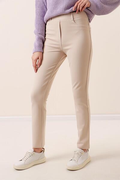 By Saygı Wide Length Lycra Front Fake Pocket Trousers Wide Size Range Claret Red