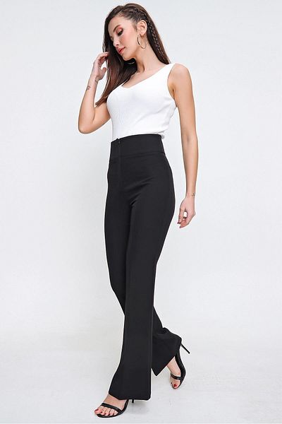 By Saygı Tall Lycra Flared Leg Pants with High Waist Pockets